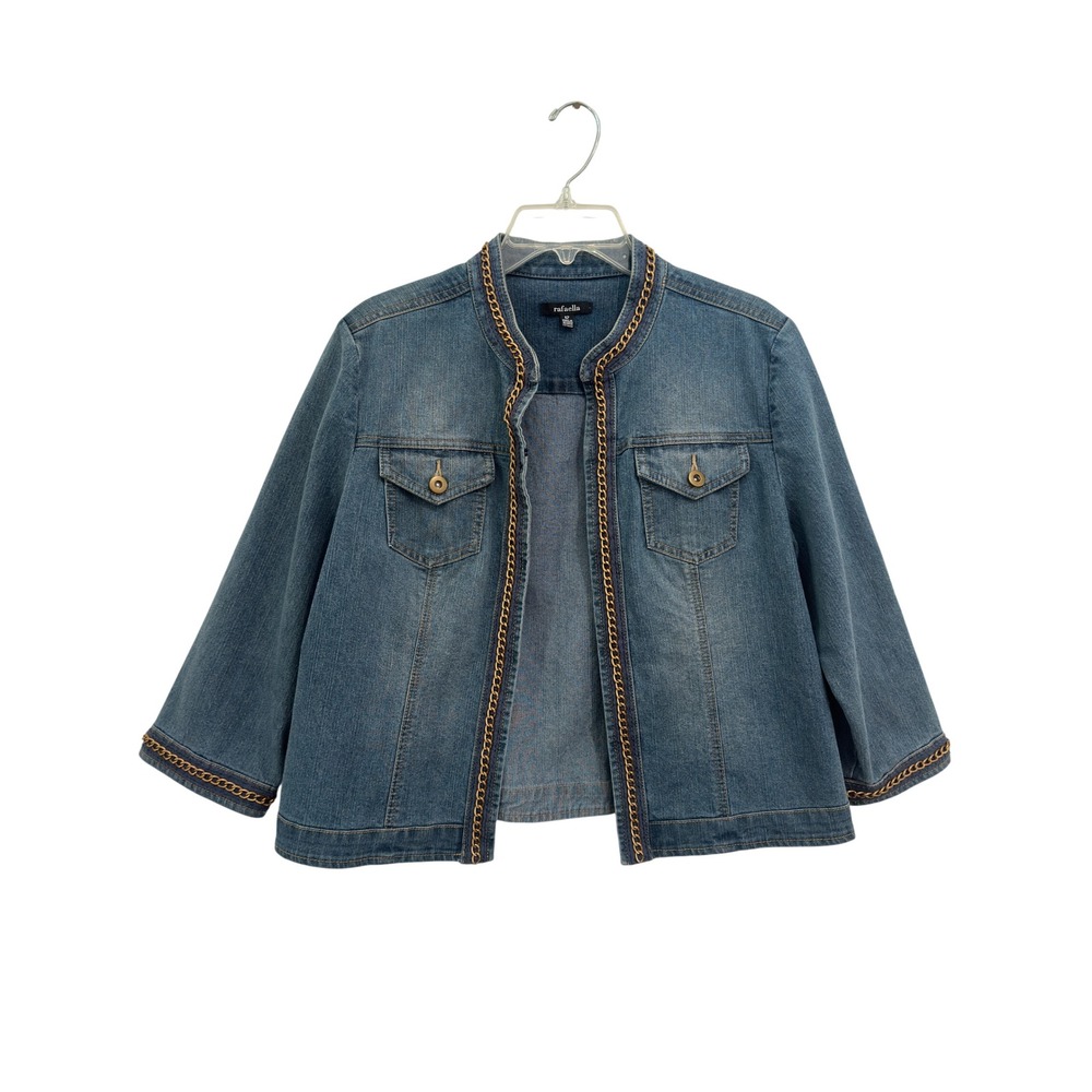 Denim Jacket Blue Gold Chain Trim Cropped Open Front Mcbling Rafaella Size 12